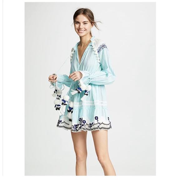 Hemant and Nandita Anew Blue Embroidered Pom Pom Tassel Long Sleeve Mini Dress S - Picture 1 of 14